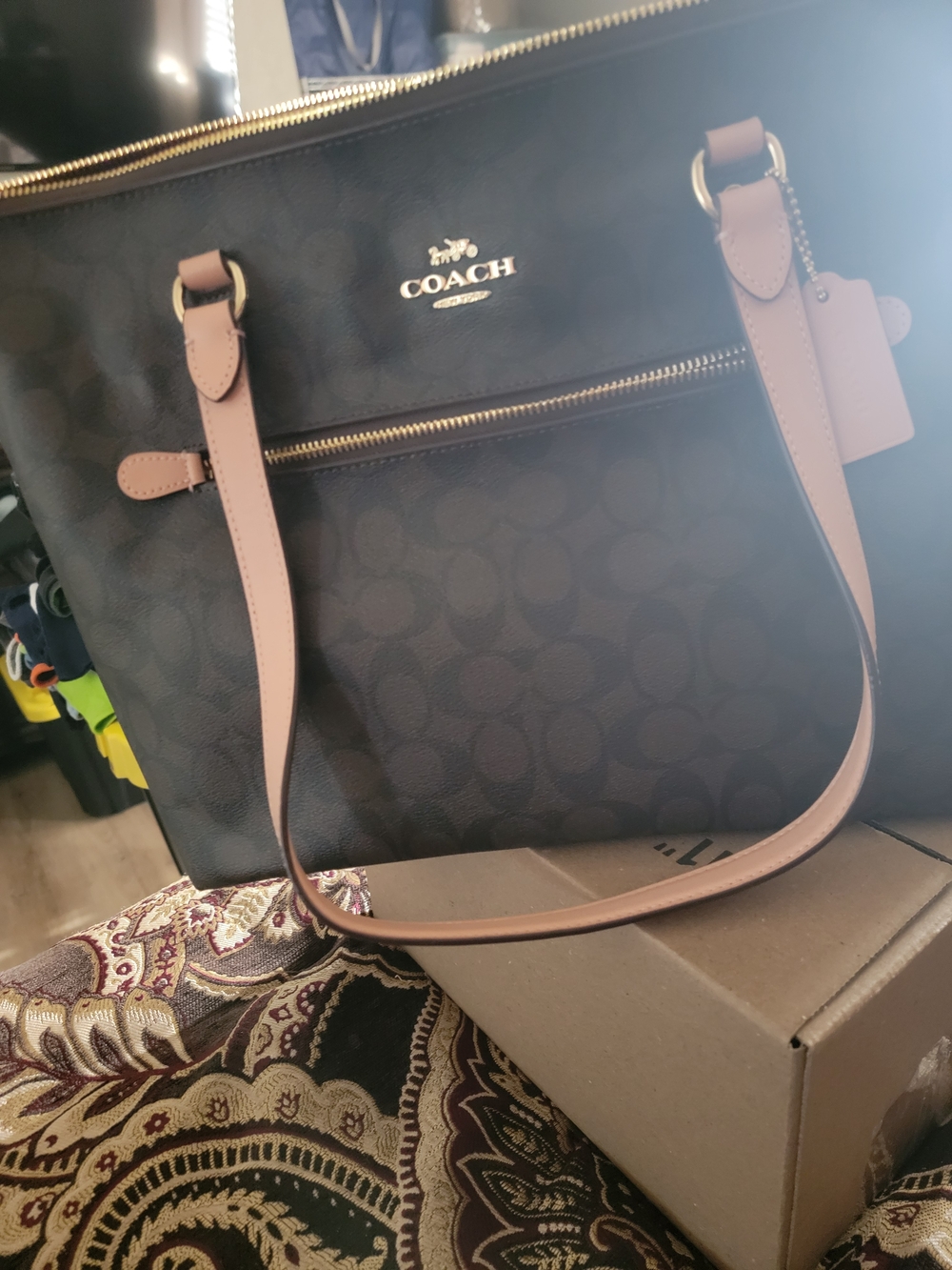COACH Signature Tote Bag in Brown with Pink Accents